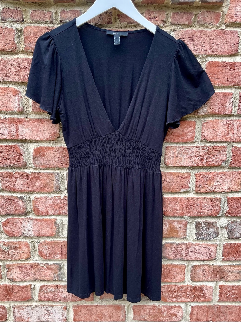 Forever 21 Black V-Neck Smocked Waist Mini Dress